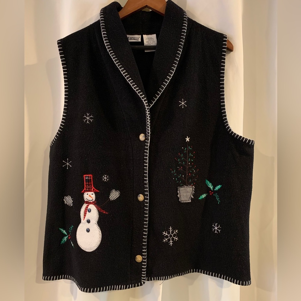 Vintage Snowman Beautiful Embroidered‎ Christmas Fleece Vest Women's Size XLarge